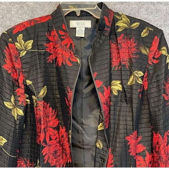 NEXX Women’s Jacket XL Black Red Floral Silk Linen Blend Open Front Quilted - Picture 2 of 11